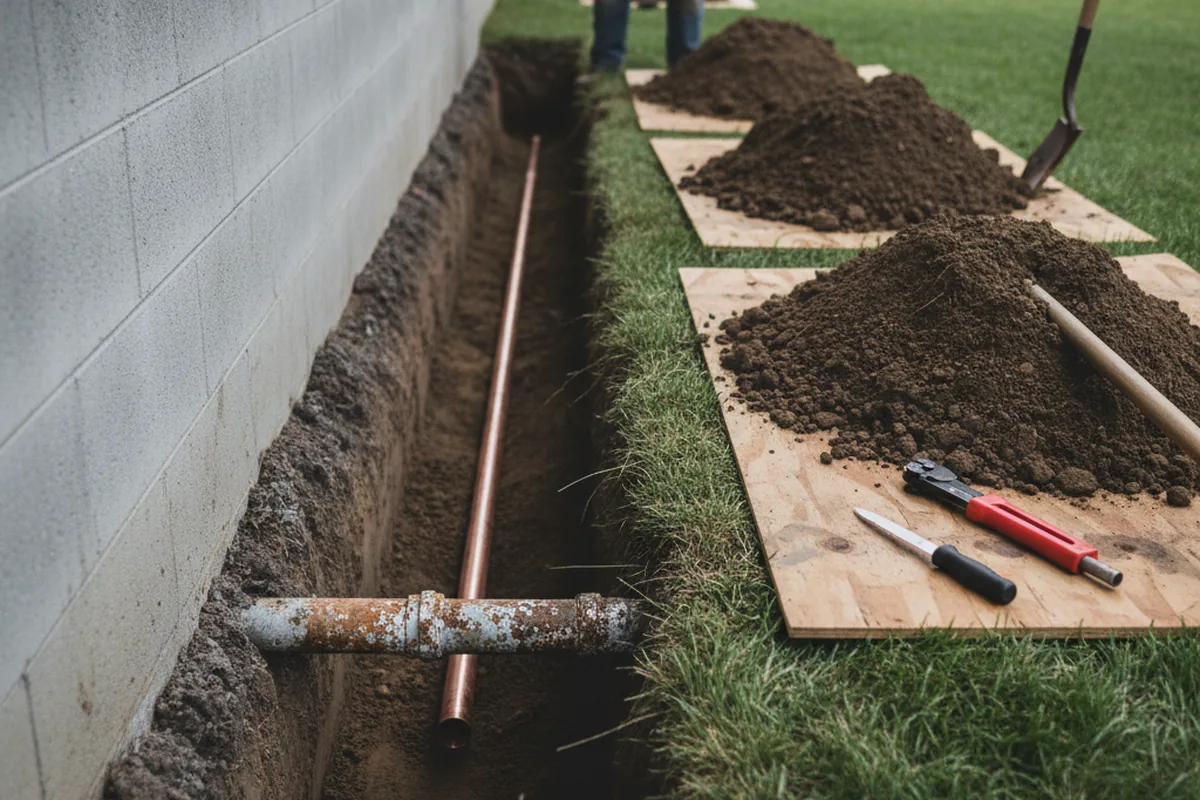 Excavated water line trench during Water Softener Installation in Marlin